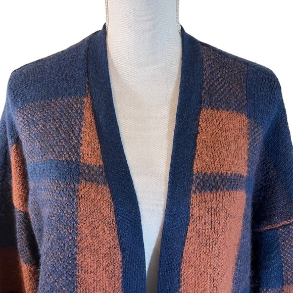 American Eagle Plaid Wool Blend Open Cardigan Sweater Pockets Brown Navy Blue - Picture 4 of 9